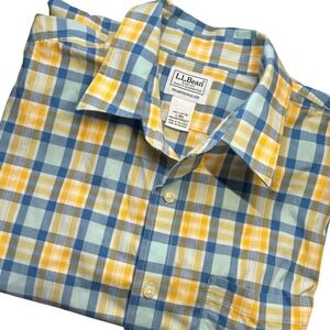 LL Bean Mens‎ Traditional Fit Plaid Short Sleeve Shirt Blue Yellow Large Summer